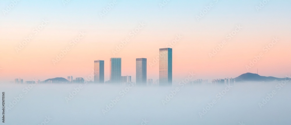 Fototapeta premium Calm Urban Skyline in Fog Seouls Modern Architecture with Blue-Gray Tones at Dawn - National Security Insights and Resilient City Planning for Contemporary Business Development