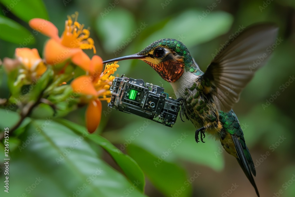 Fototapeta premium Hummingbird with robotic arm collects nectar from orange flowers in a vibrant rainforest setting