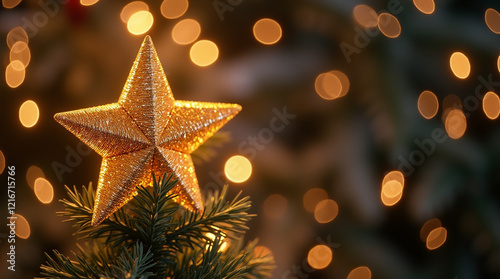 Golden Star Christmas Tree Topper: Close-Up Micro Photography