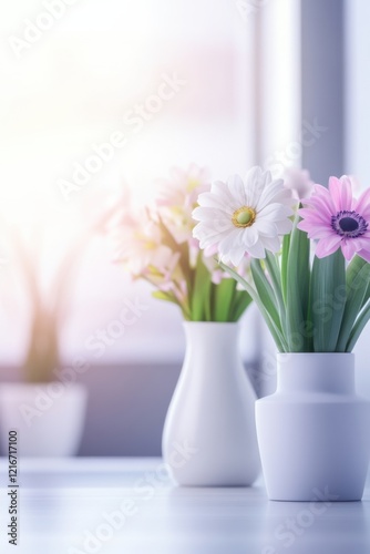 Wallpaper Mural Elegant minimalist blooming vases holding delicate spring flowers in soft pastel hues on a serene table surface Torontodigital.ca