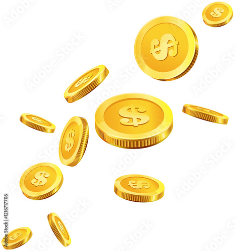Golden coins cascade through an abstract background, symbolizing wealth and financial success. The shiny surface of the coins reflects light, enhancing the impression of abundance.
