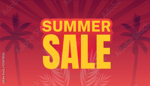 Summer Sale tropical background with palms and sunset. Summer placard poster flyer invitation card. Summer time. Vector Illustration