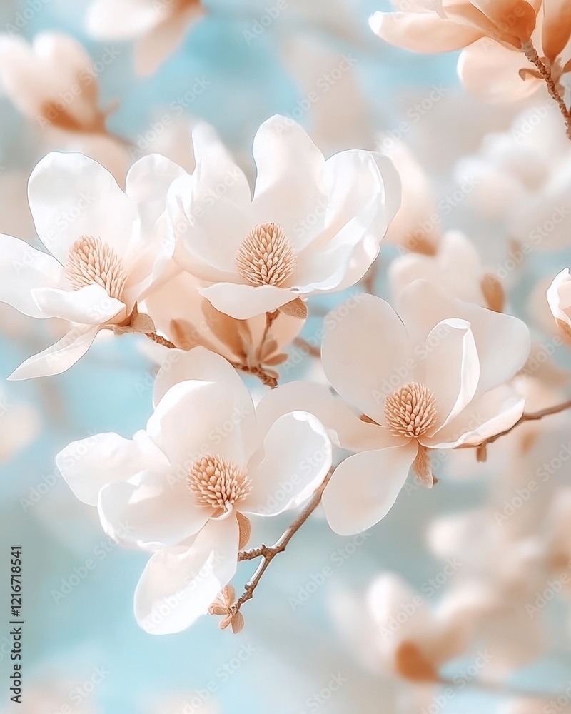 Magnolia flowers display delicate beauty in full bloom on a bright spring day with soft blue backdrop. Generative AI Magnolia flowers display delicate beauty in full bloom on a bright spring day with soft blue backdrop. Generative AI