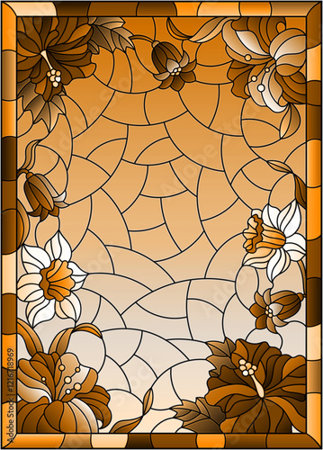 Illustration in stained glass style with a flower arrangement of Bluebell, daffodil, hibiscus and Lily , tone brown