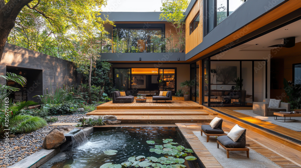 custom made wallpaper toronto digitalThis inviting courtyard features sleek modern furniture, lush greenery, and a tranquil water feature, creating a perfect space for relaxation and socializing