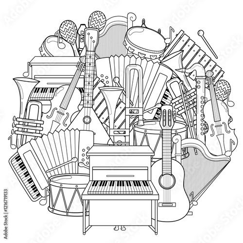 Musical instruments mandala for coloring book. Doodle music elements circle shape pattern. Vector illustration