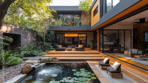 Wallpaper Mural This inviting courtyard features sleek modern furniture, lush greenery, and a tranquil water feature, creating a perfect space for relaxation and socializing Torontodigital.ca