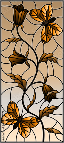 Illustration in stained glass style with abstract curly flower and an  butterfly on sky background , vertical image, tone brown