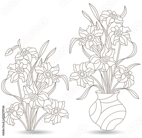 A set of contour illustrations of stained glass Windows with daffodils in frames, dark contours on a white background