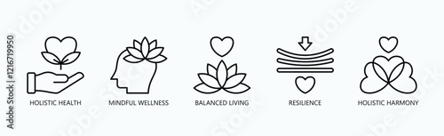Holistic Journey Icon Set Isolated Vector With Icon Of Holistic Health, Mindful Wellness, Balanced Living, Resilience, Holistic Harmony In Outline Style