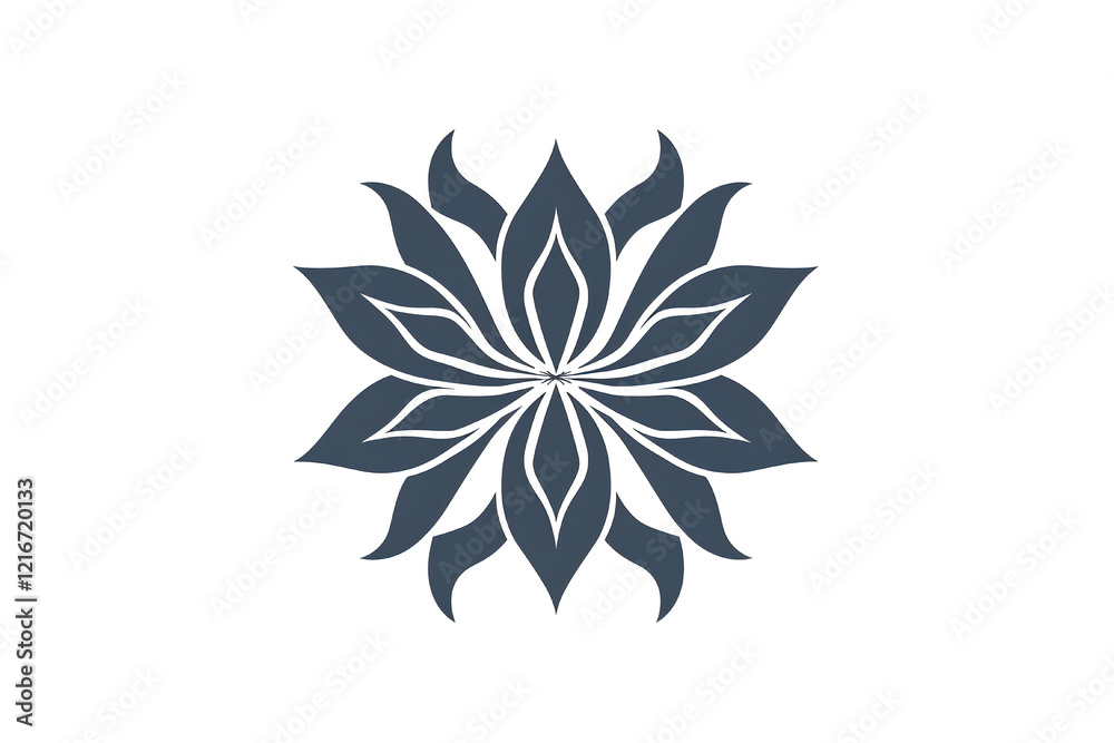 Minimalistic floral symbol with symmetrical dark petals radiating from the center in a circular pattern. Minimalistic floral symbol with symmetrical dark petals radiating from the center in a circular pattern.