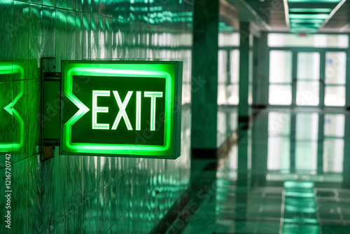 Neon green exit sign lighting the hallway, marking the path for a safe emergency exit.