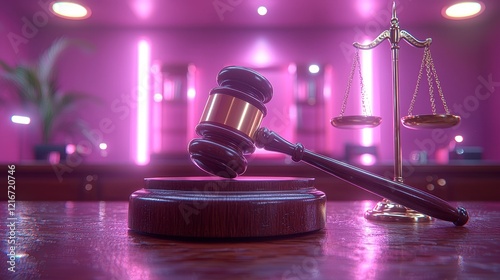 Gavel and scales of justice on a wooden table in a courtroom with pink neon lights. photo