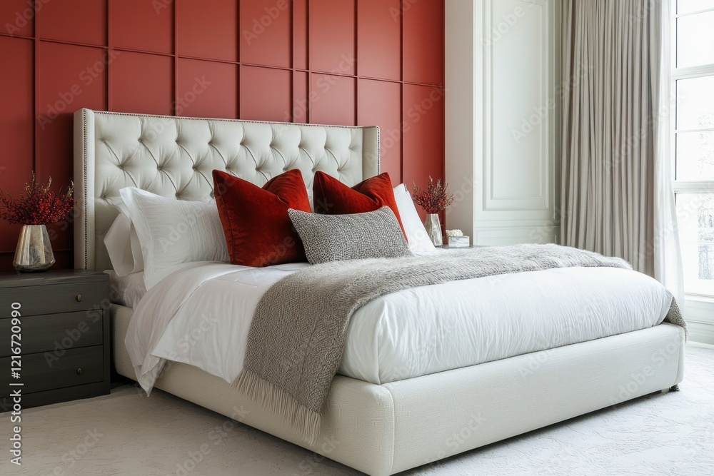 Fototapeta premium Elegant Bedroom Featuring a Plush White Bed and Red Accent Wall