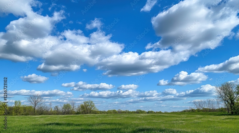 Fototapeta premium Sunny spring meadow, blue sky, fluffy clouds, tranquil landscape, nature background