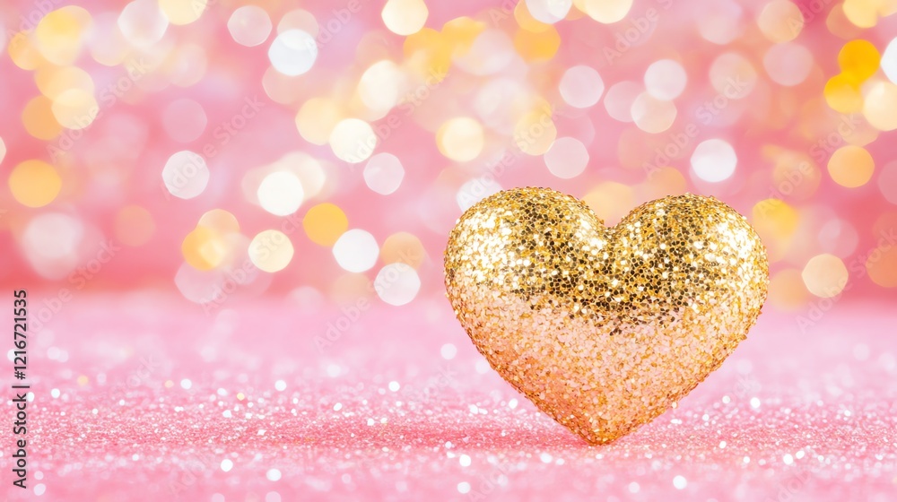 Fototapeta premium Golden Glitter Heart on Pink Sparkle Background: Romantic Love Symbol, Valentine's Day Decoration