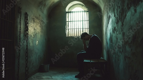 A Lonely Man Locked in a Dark and Confined Prison Cell Surrounded by Cold Stone Walls, Reflecting Isolation and Despair. A Solitary Man Trapped in a Small, Dimly Lit Cell with Barred. depression 