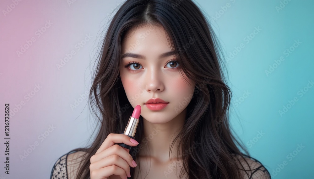 Subtle Beauty: A young woman with long dark hair and flawless skin holds a lipstick tube, her gaze captivating against a pastel background. The image is elegant and emphasizes natural beauty. Subtle Beauty: A young woman with long dark hair and flawless skin holds a lipstick tube, her gaze captivating against a pastel background. The image is elegant and emphasizes natural beauty.
