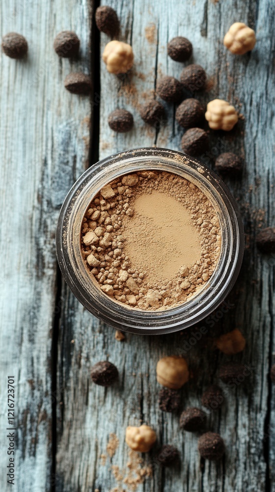 Natural Powder with Spices and Seeds on Rustic Wooden Background Natural Powder with Spices and Seeds on Rustic Wooden Background