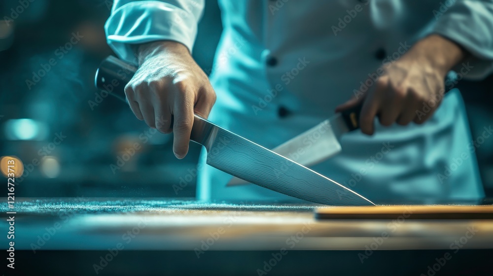 Chef Demonstrating Knife Skills in Professional Kitchen Chef Demonstrating Knife Skills in Professional Kitchen