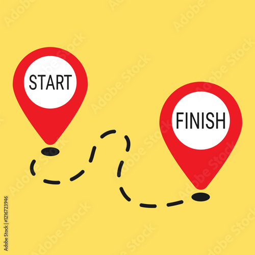 Route illustration with two red map pins. Vector illustration representing the concept of beginning and completing a task or journey