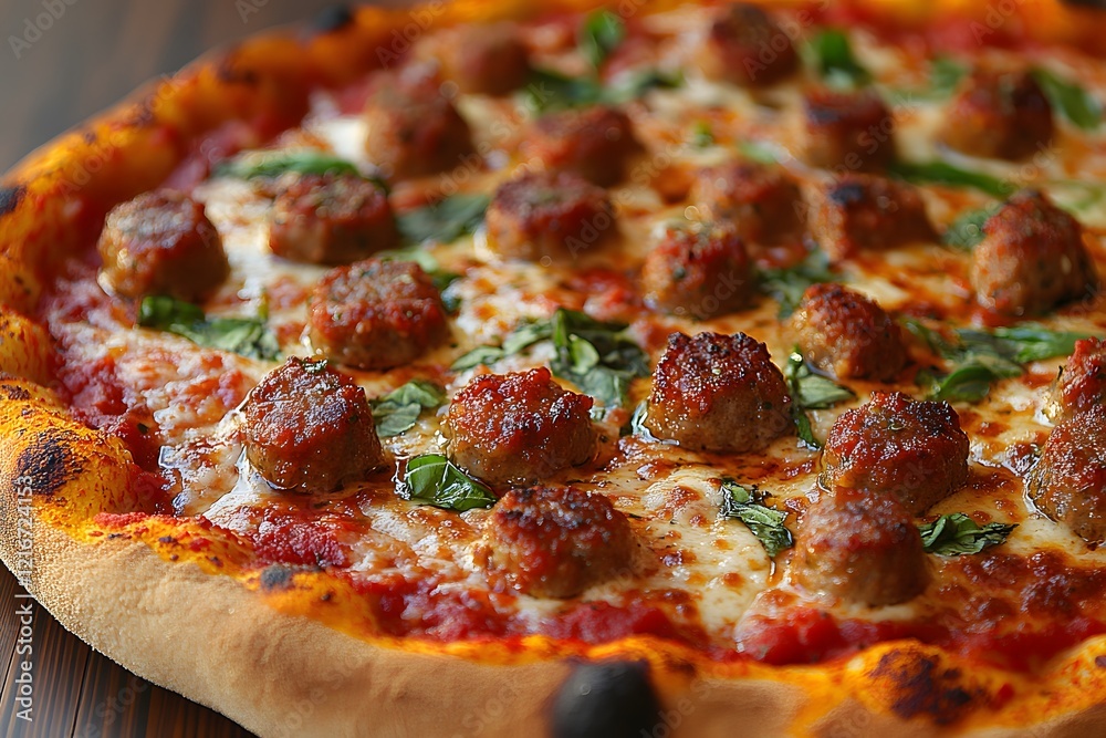 Delicious Meatball Pizza with Basil Topping for Culinary Posters or Menus Delicious Meatball Pizza with Basil Topping for Culinary Posters or Menus