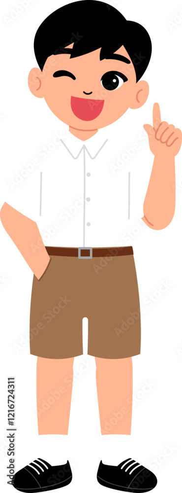 smiling boy wearing Thai school uniform with short khaki brown pants thinking illustration smiling boy wearing Thai school uniform with short khaki brown pants thinking illustration