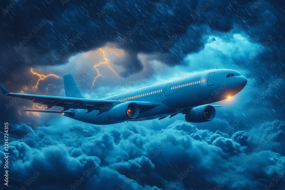 A large passenger aircraft navigates through dark storm clouds illuminated by bright flashes of lightning, creating a dramatic and intense atmosphere. The scene captures the power of nature A large passenger aircraft navigates through dark storm clouds illuminated by bright flashes of lightning, creating a dramatic and intense atmosphere. The scene captures the power of nature