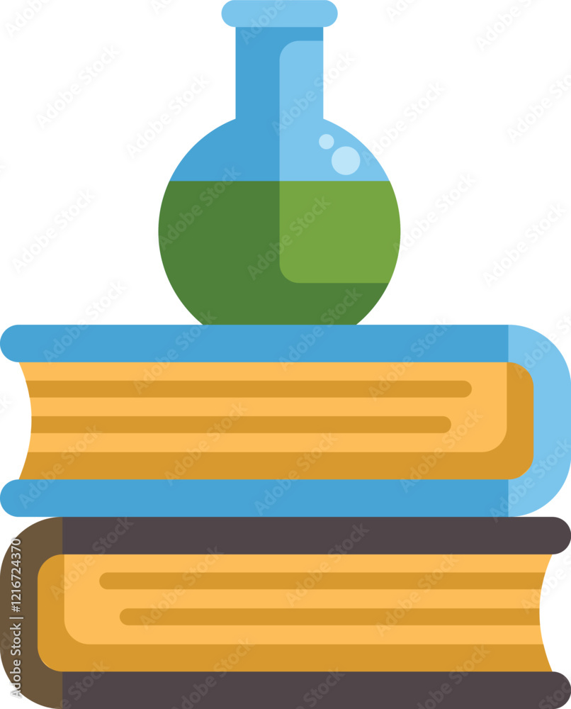 Round bottom flask with green liquid standing on stack of books, concept for chemistry researching and science education Round bottom flask with green liquid standing on stack of books, concept for chemistry researching and science education