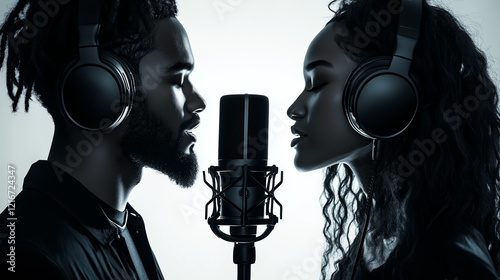 Silhouetted man and woman with headphones sing into a studio microphone, showcasing a dynamic musical collaboration. photo