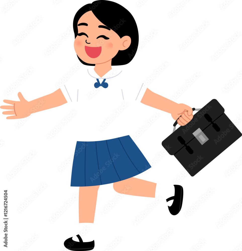 smiling girl wearing Thai middle school uniform holding school bag to go to school illustration smiling girl wearing Thai middle school uniform holding school bag to go to school illustration