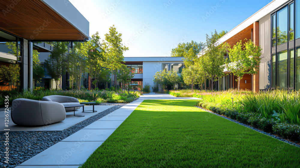 A cozy patio features stylish furniture amidst lush greenery, offering a perfect space for relaxation under the sun in a modern landscape design A cozy patio features stylish furniture amidst lush greenery, offering a perfect space for relaxation under the sun in a modern landscape design