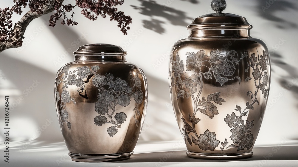 Floral engraved bronze urns in soft lighting Floral engraved bronze urns in soft lighting