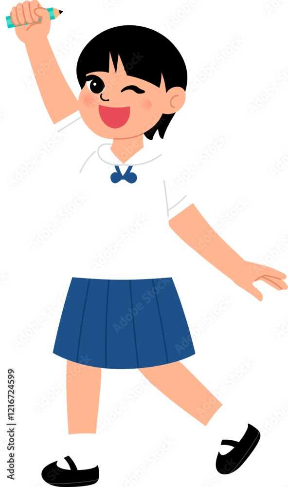 smiling girl wearing Thai middle school uniform holding pencil up illustration smiling girl wearing Thai middle school uniform holding pencil up illustration