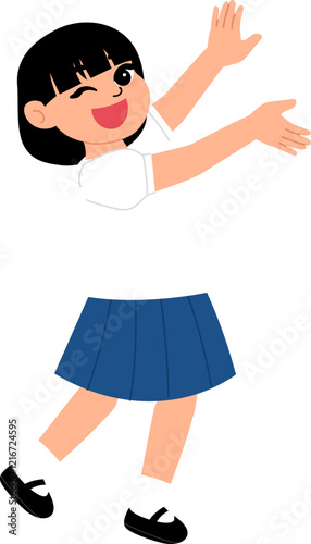smiling girl wearing Thai middle school uniform presenting  illustration