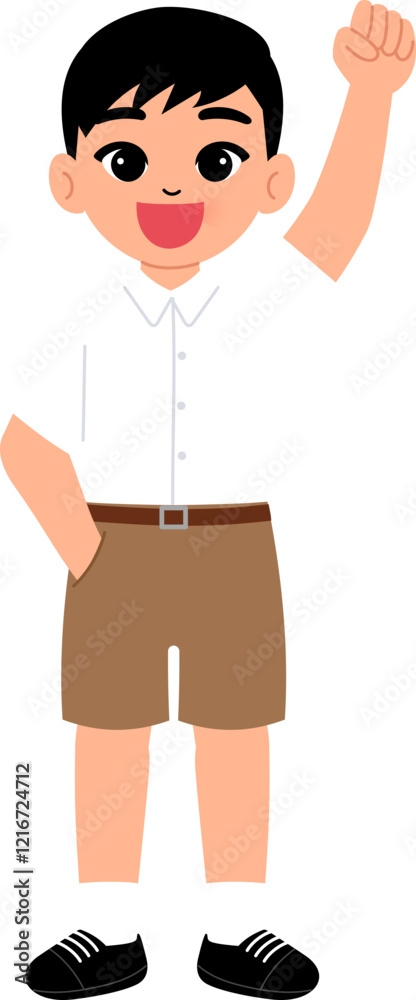 smiling boy wearing Thai school uniform with short khaki brown pants raising fist illustration smiling boy wearing Thai school uniform with short khaki brown pants raising fist illustration