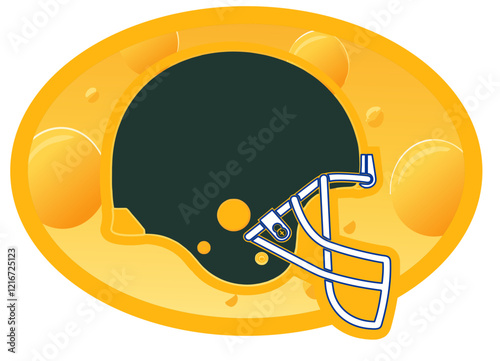 helmet - gold and green football player helmet, sport vector graphics, hockey, for street art - graffiti lettering typography - art illustration - Cheese background decoration


