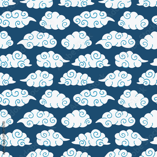 Chinese oriental clouds on blue vector seamless pattern design.	