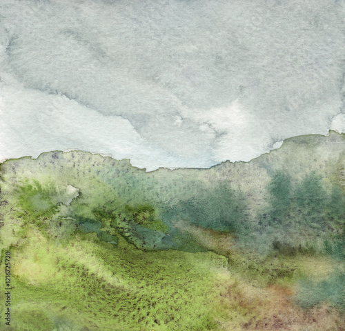 Watercolour landscape. Versatile artistic image for creative design projects: posters, banners, cards, prints, wallpapers. Traditional artist-made art. Raster illustration.