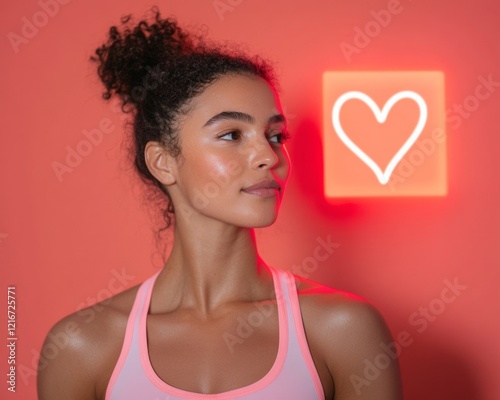 Neon Heart Wellness Portrait Radiant Woman in Activewear against Coral Backdrop - Modern Fitness Aesthetics and Empowerment Content for Health and Lifestyle Branding photo