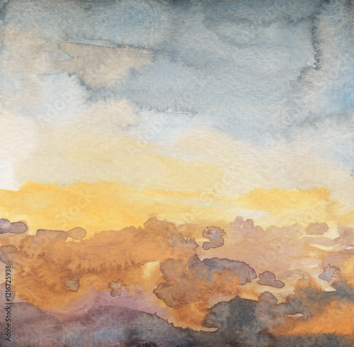 Watercolour landscape. Versatile artistic image for creative design projects: posters, banners, cards, prints and wallpapers. Traditional artist-made art. Raster illustration.