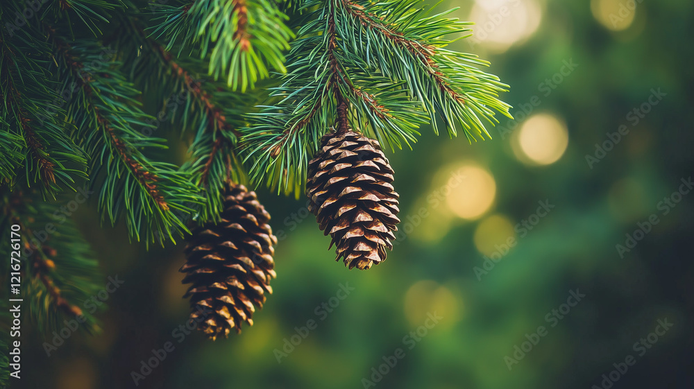 A vibrant pine tree branch with cones hanging delicately, captured in a forest setting A vibrant pine tree branch with cones hanging delicately, captured in a forest setting