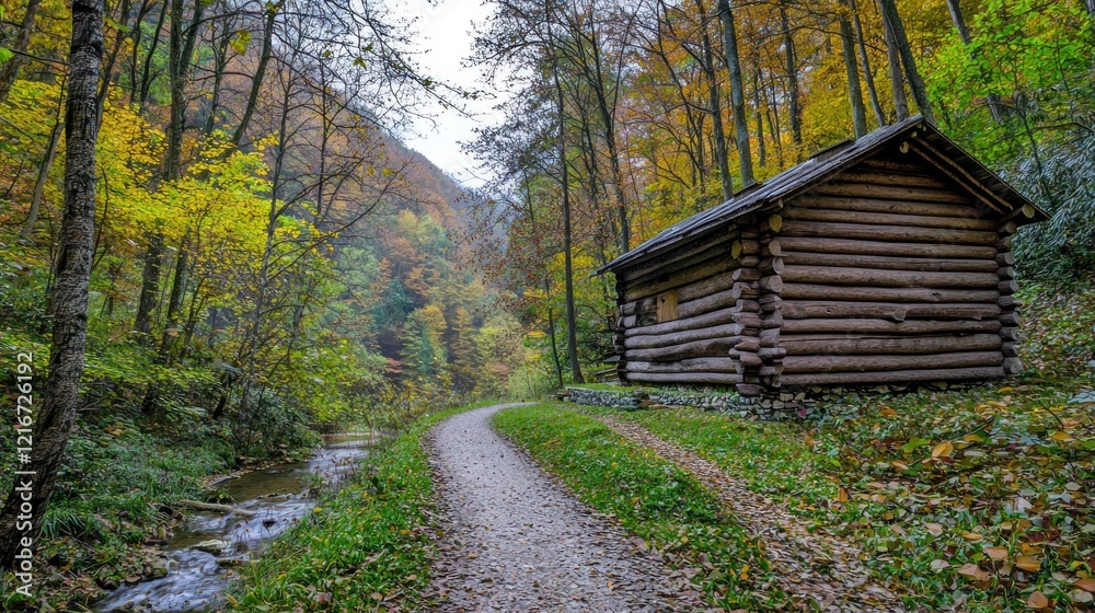 Autumnal forest trail leads to rustic cabin Autumnal forest trail leads to rustic cabin