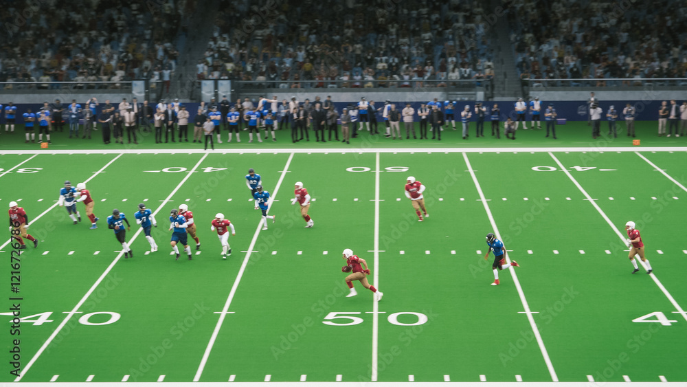 American Football Game with Athletes in Red and Blue Gear Sprinting Across the Turf, Coordinating Offensive and Defensive Strategies With Speed and Power American Football Game with Athletes in Red and Blue Gear Sprinting Across the Turf, Coordinating Offensive and Defensive Strategies With Speed and Power