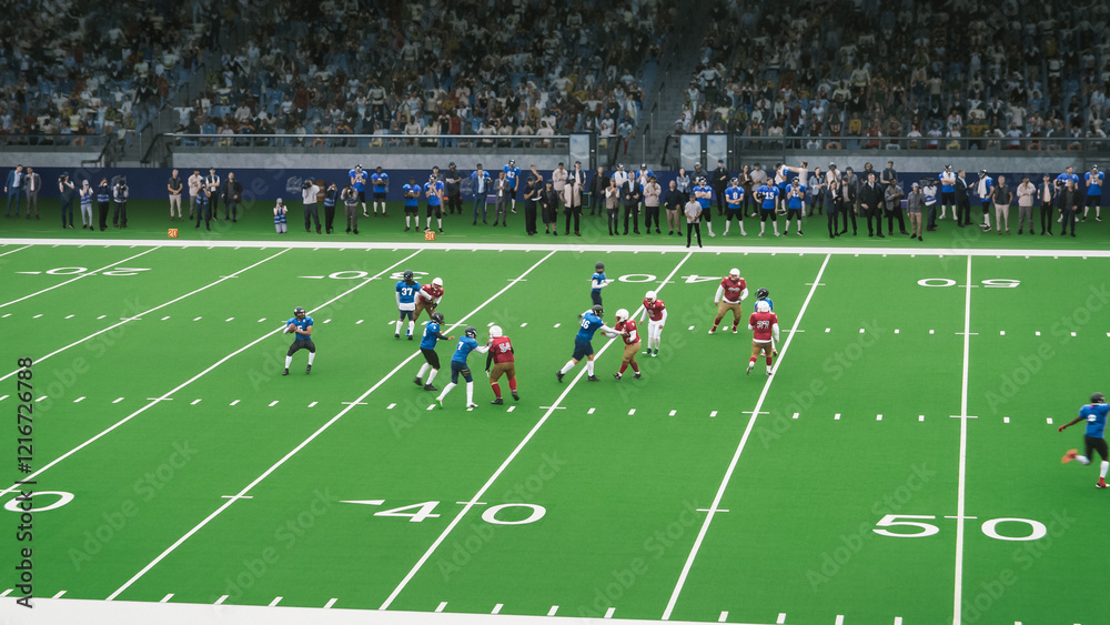 Obraz premium American Football Game with Athletes in Red and Blue Gear Sprinting Across the Turf, Coordinating Offensive and Defensive Strategies With Speed and Power
