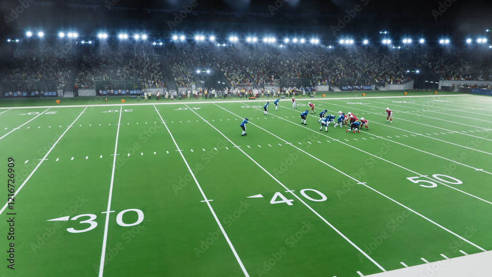 © Gorodenkoff - Aerial Photo of Two Diverse Athletic Teams Fight for Positions at the Start of the Tournament Game in a Crowded Stadium with Sport Fans. Ball is Snapped and Players Fight for the Pigskin Ball