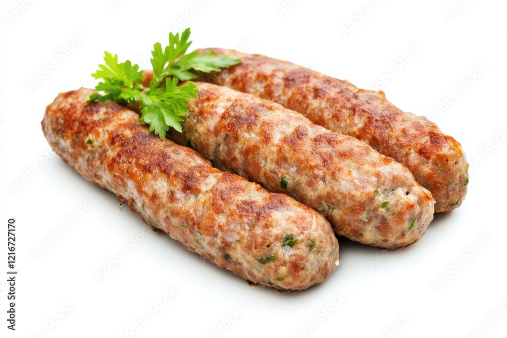 Delicious kofta kebabs garnished with fresh herbs on a clean white background, showcasing their appetizing texture and vibrant flavor Delicious kofta kebabs garnished with fresh herbs on a clean white background, showcasing their appetizing texture and vibrant flavor