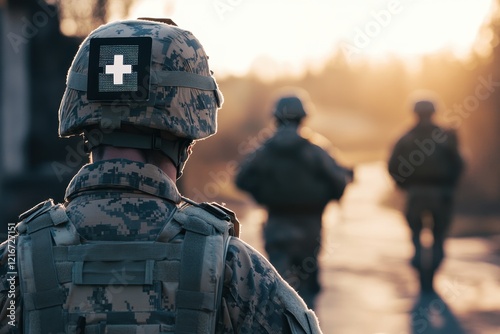 Soldiers moving through a quiet area during sunset, focusing on the medic in the group