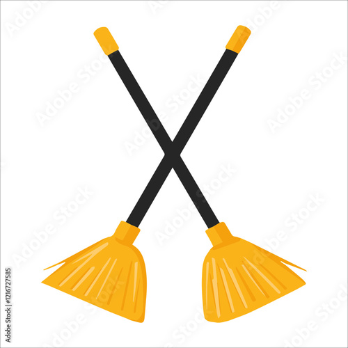 Crossed yellow brooms in minimalist flat vector style symbolize cleanliness, order and hard work, perfect for cleaning services branding, Halloween themes and instructional visuals