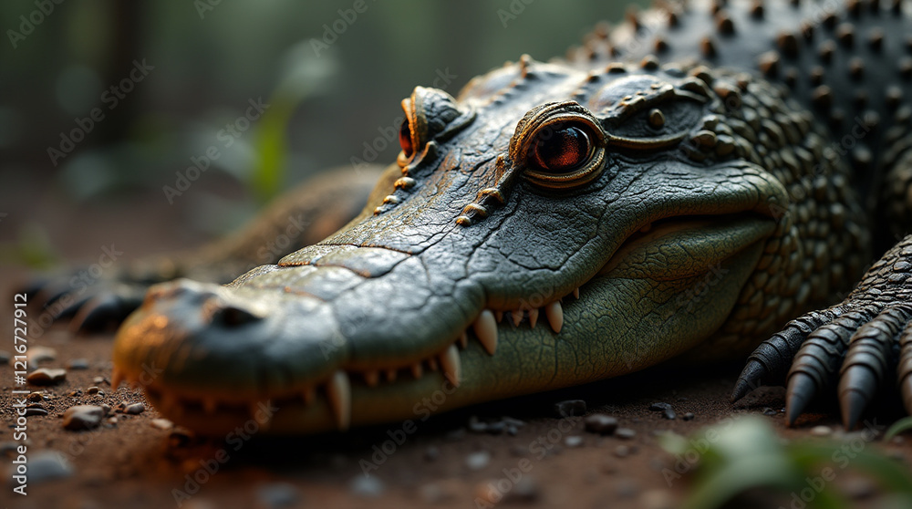 Fototapeta premium Macro Shot of a Crocodile Head: Wild Beauty in a River